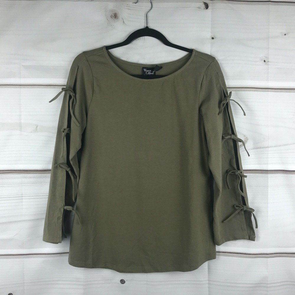 Women with Control Top Womens M Green Knit Bow Sleeve T-Shirt Long Sleeve Solid